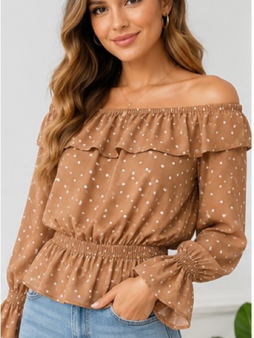 GUESS Off-the-Shoulder Polka Dot Peplum Blouse | XS | Bell Sleeve Ruffle Top